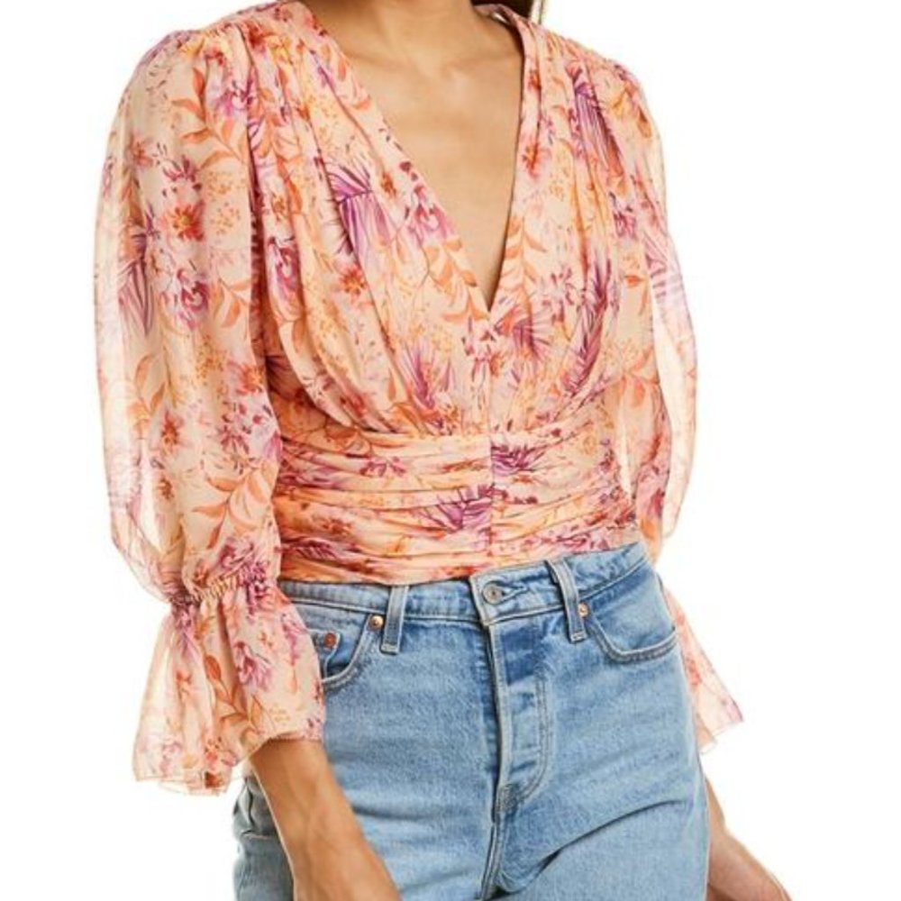 AMUR Gitana Silk Ruched Floral Crop Top